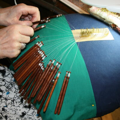 Malmesbury lace pillow and bobbins