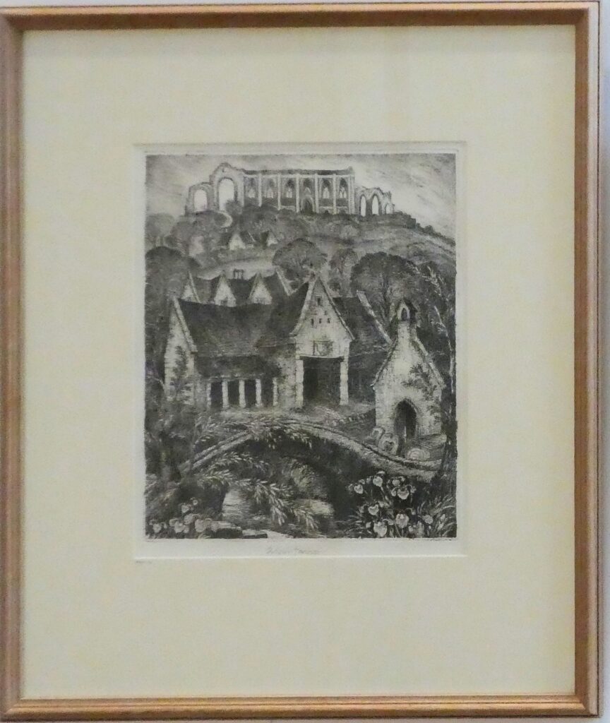 Etching of an imagined Aldhelmsburgh by Robin Tanner